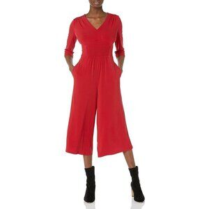London Times V Neck Smocked Jumpsuit Cropped Wide Leg Ladies Size‎ 16 Red